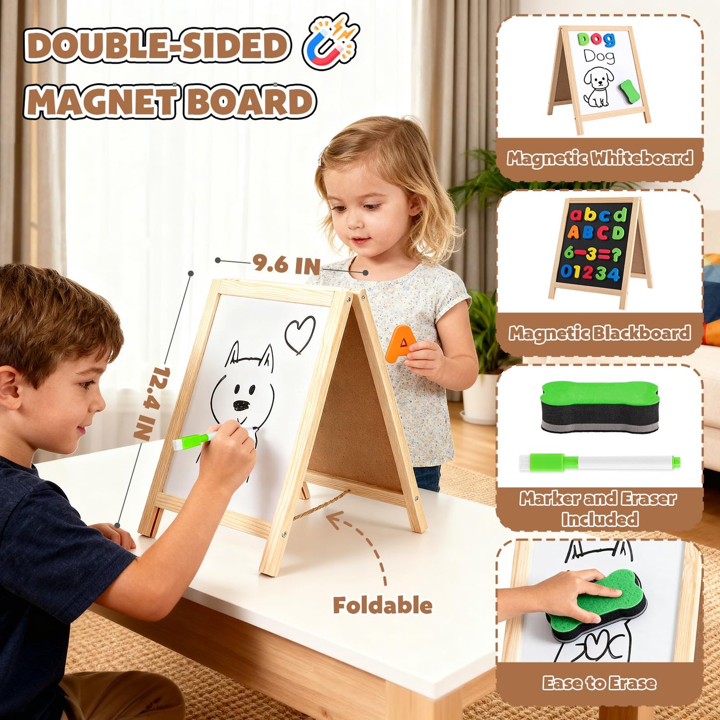 GINMIC Magnetic Letters and Numbers with Magnet Board, Alphabet ABC Magnets, Learning & Educational Toys - Uppercase Lowercase Math Symbols with Magnetic Whiteboard Chalkboard for Toddlers Kids