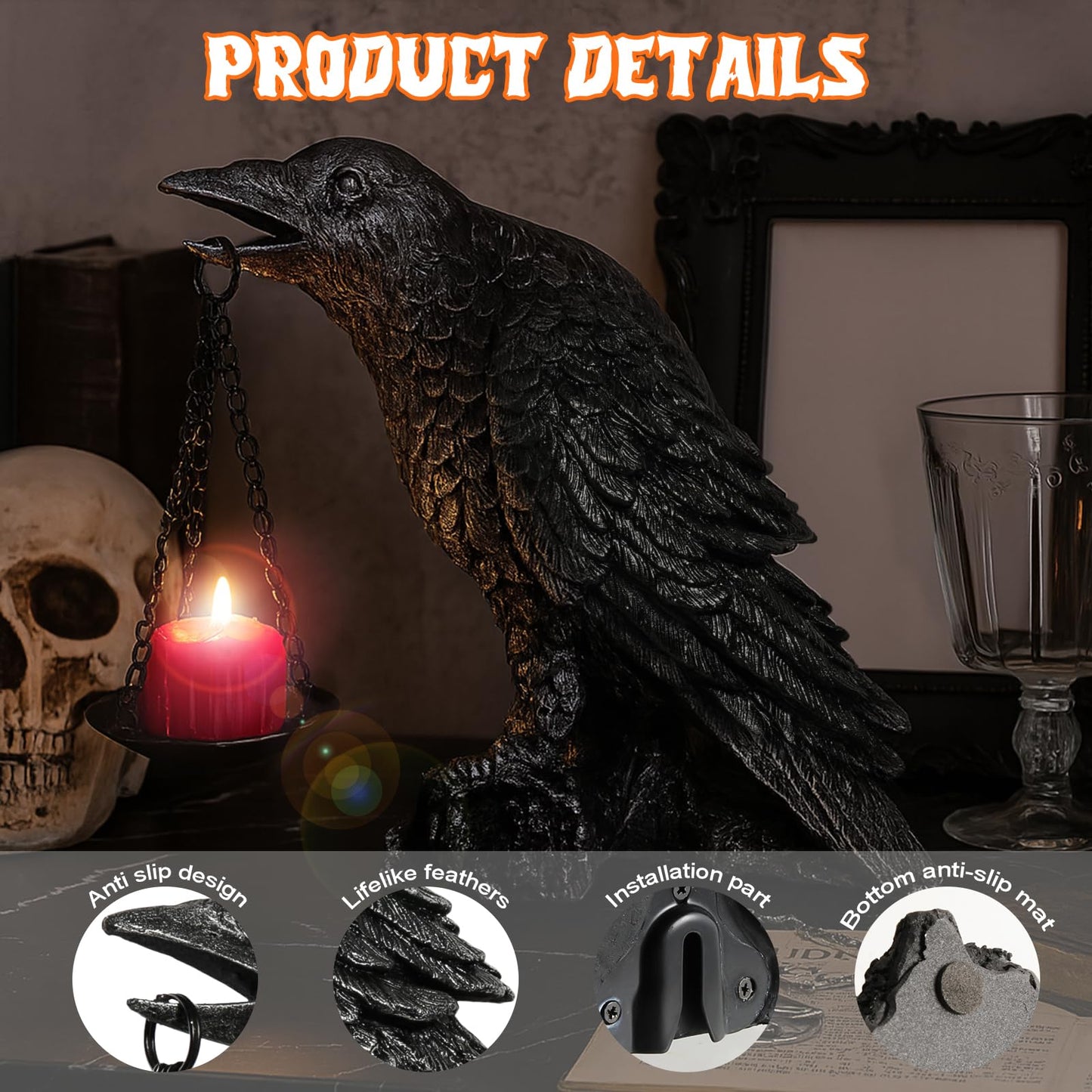 Gothic Crow Wall Art Decor Outdoor Wall Sconce Raven lamp Table Candle Holder Halloween Wall Decor for Patio Garden Bedroom Resin Tealight Statue Black
