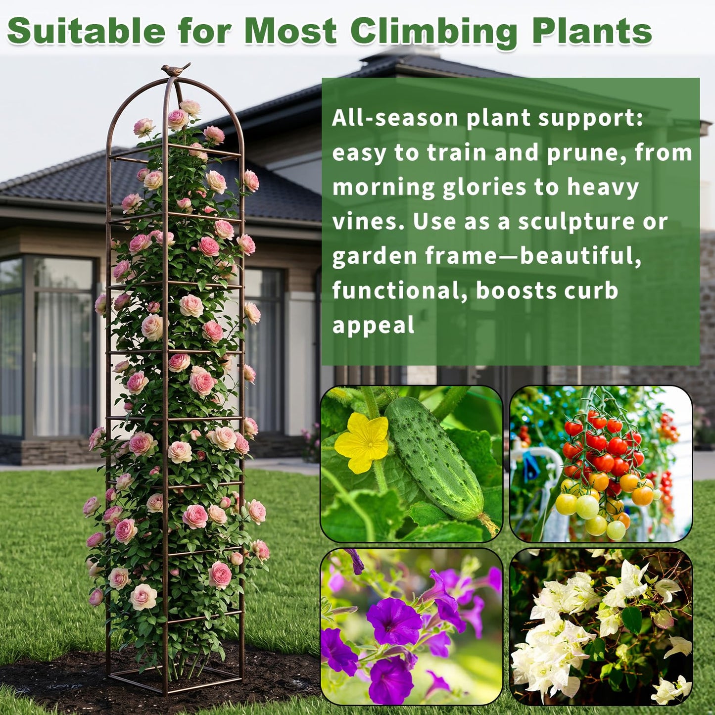 Heavy Duty 8.4 FT Garden Obelisk Trellis for Climbing Plants Outdoor, Rust-Resistant Large Metal Plant Support Tower with Bird Topper & Ground Stakes, Yard Art Decor for Roses Clematis Vines (Bronze)