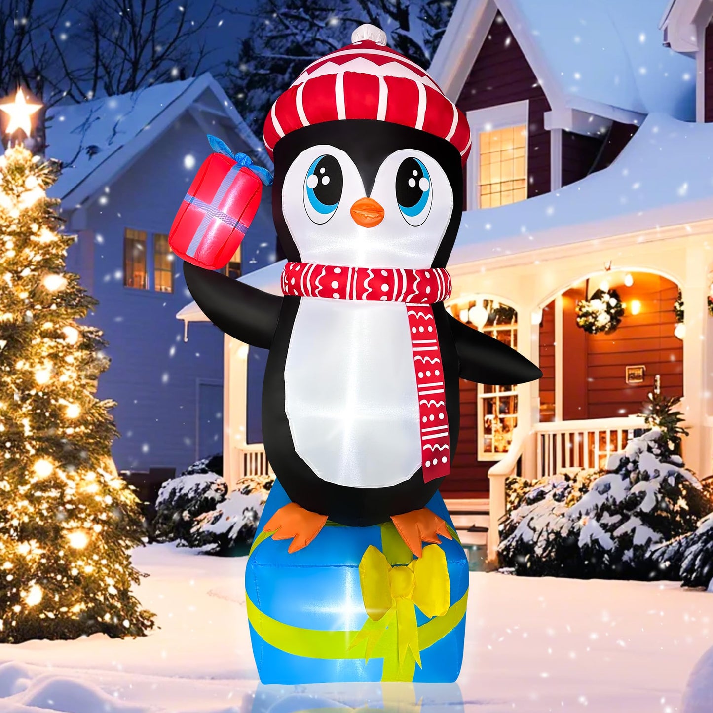JOYEASE 5.5 FT Christmas Inflatables Penguin with Gift Boxes Decoration, LED Lighted Christmas Blow up Yard Decorations for Party Indoor Outdoor Garden Lawn Decor Xmas Inflatables Present