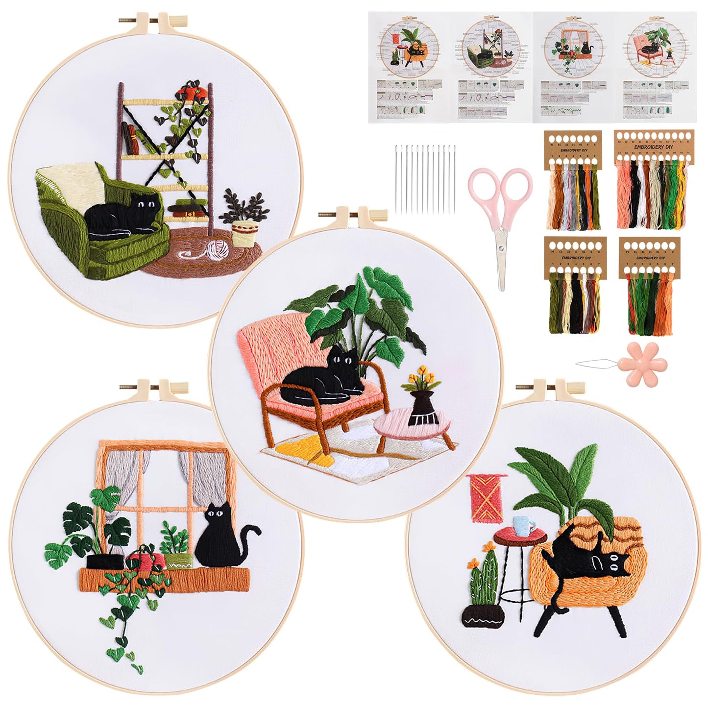 LOMOHOO 4 Sets Cat Embroidery Kit for Beginners, Cute Cat Pattern, Starter Craft DIY Embroidery Sets (Black Cat)