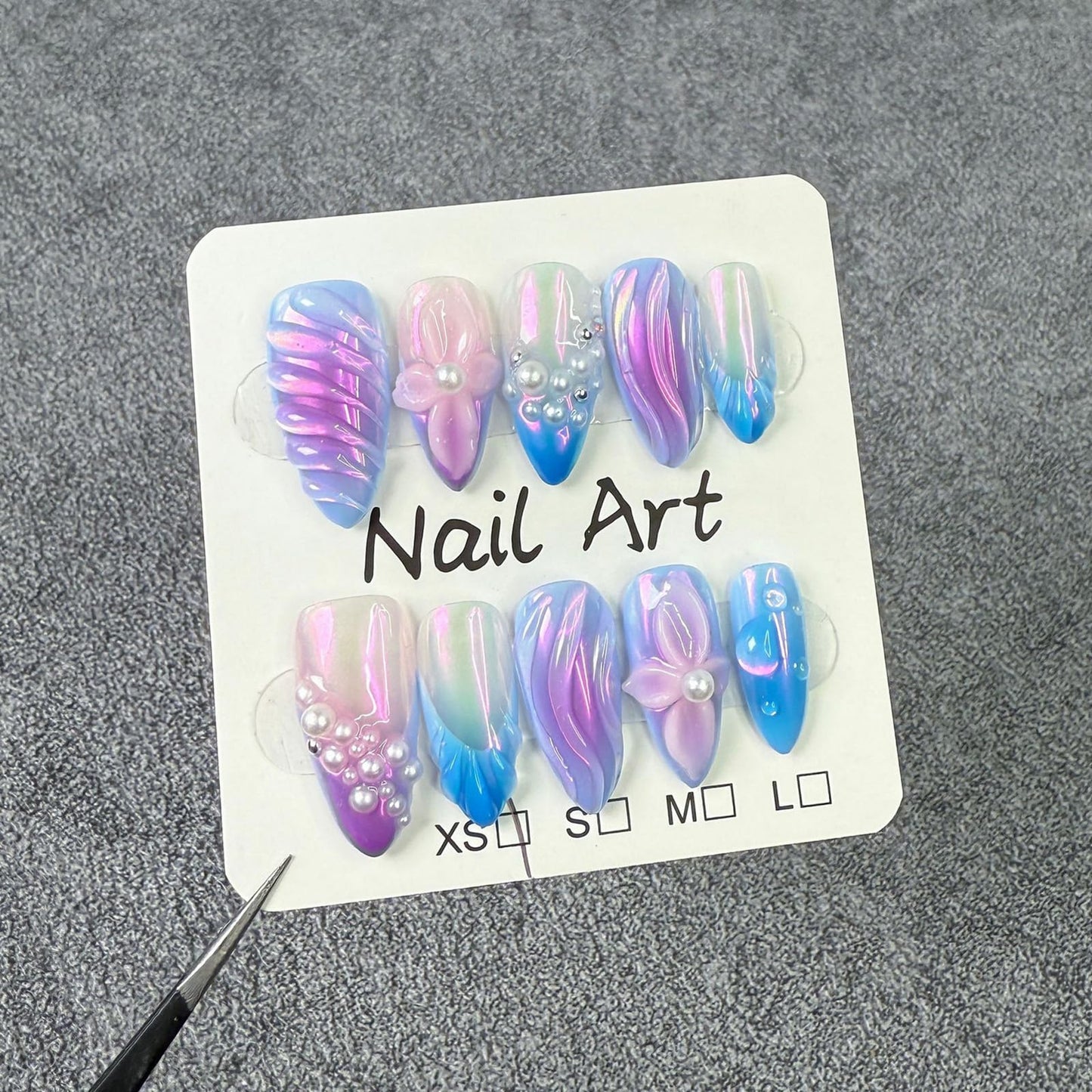 ASABITE 10Pcs Handmade Almond Press On Nails Medium French Tip False Nails Blue Purple Gradient 3D Pearl Flower Design Acrylic Nails Press Ons Full Cover Reusable Stick Ons For Women (S)