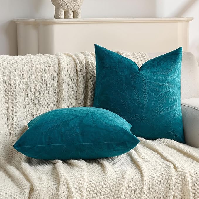 FUTEI Teal Velvet Throw Pillow Covers 26x26 Inch Set of 2,Soft Embossed Leaf-Relief Textured Euro Pillow Shams,Natural Home Decor for Couch Living Room