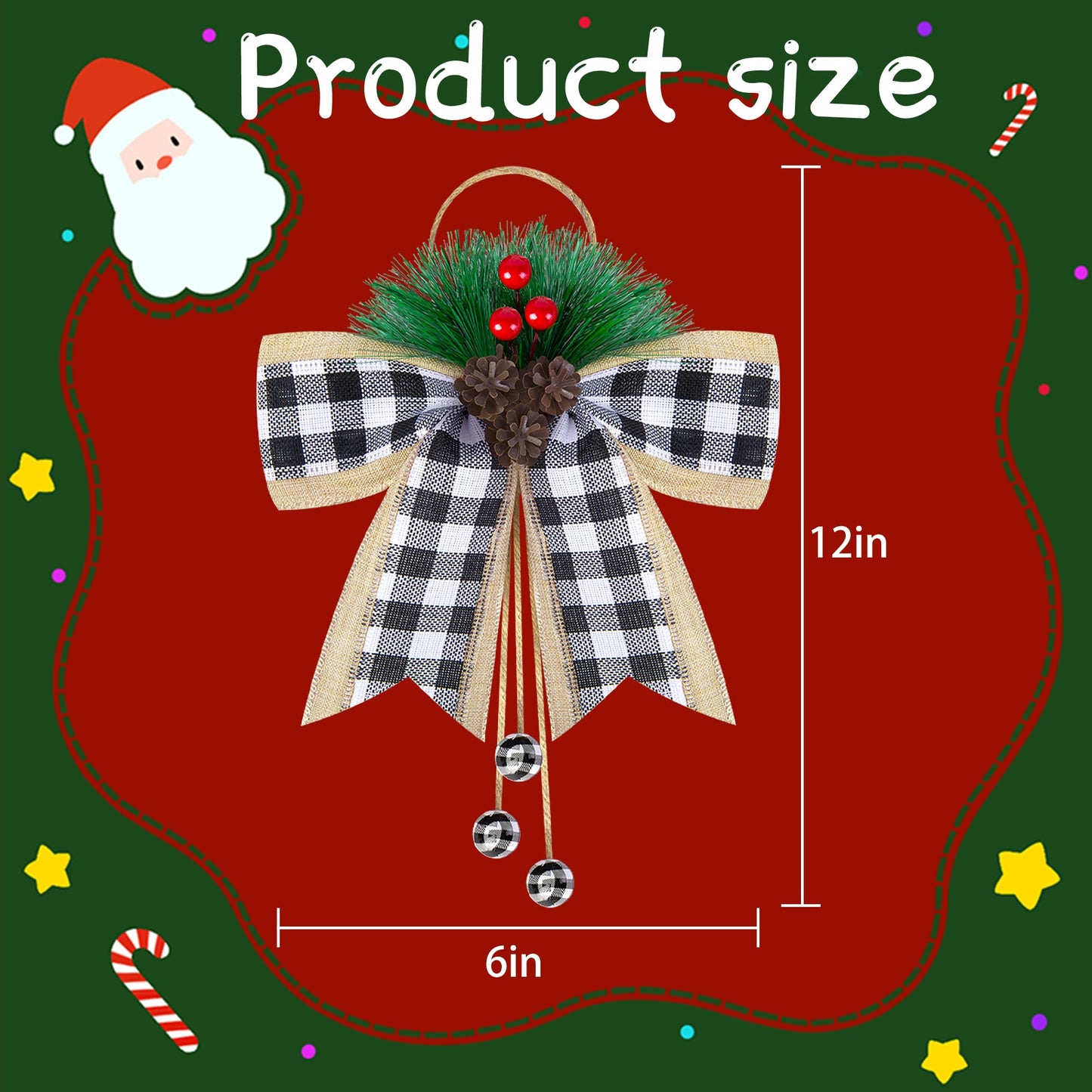 codree 4 Pcs Christmas Burlap Plaid Bows with Pine Cones Pine Needles, Large Christmas Decoration Buffalo Plaid Bows, Xmas Wreath Bow Buffalo Check Bow Ornament for Holiday Crafts Tree DIY Decor