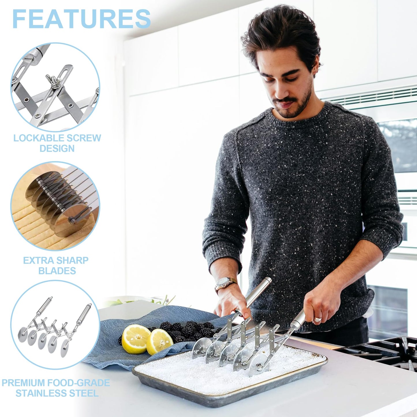 5-Wheel Professional Pastry Cutter - Stainless Steel Pizza & Dough Tool, Multi-Use Kitchen Utensil for Baking, Lattice Cutting, Cookie Dividing - Heavy Duty Pastry Wheel with Ergonomic Handle