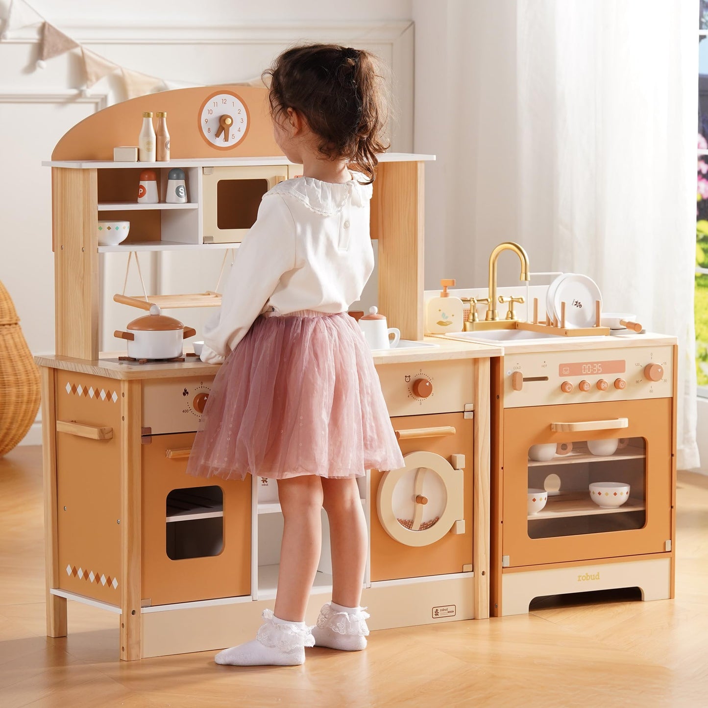 ROBUD Wooden Play Kitchen, 4-in-1 Kids Kitchen Playset with Fridge, Washing Machine, Dishwasher, Toddlers Role Play Kitchen Set Gift for Boys & Girls, Age 3+ (Caramel)