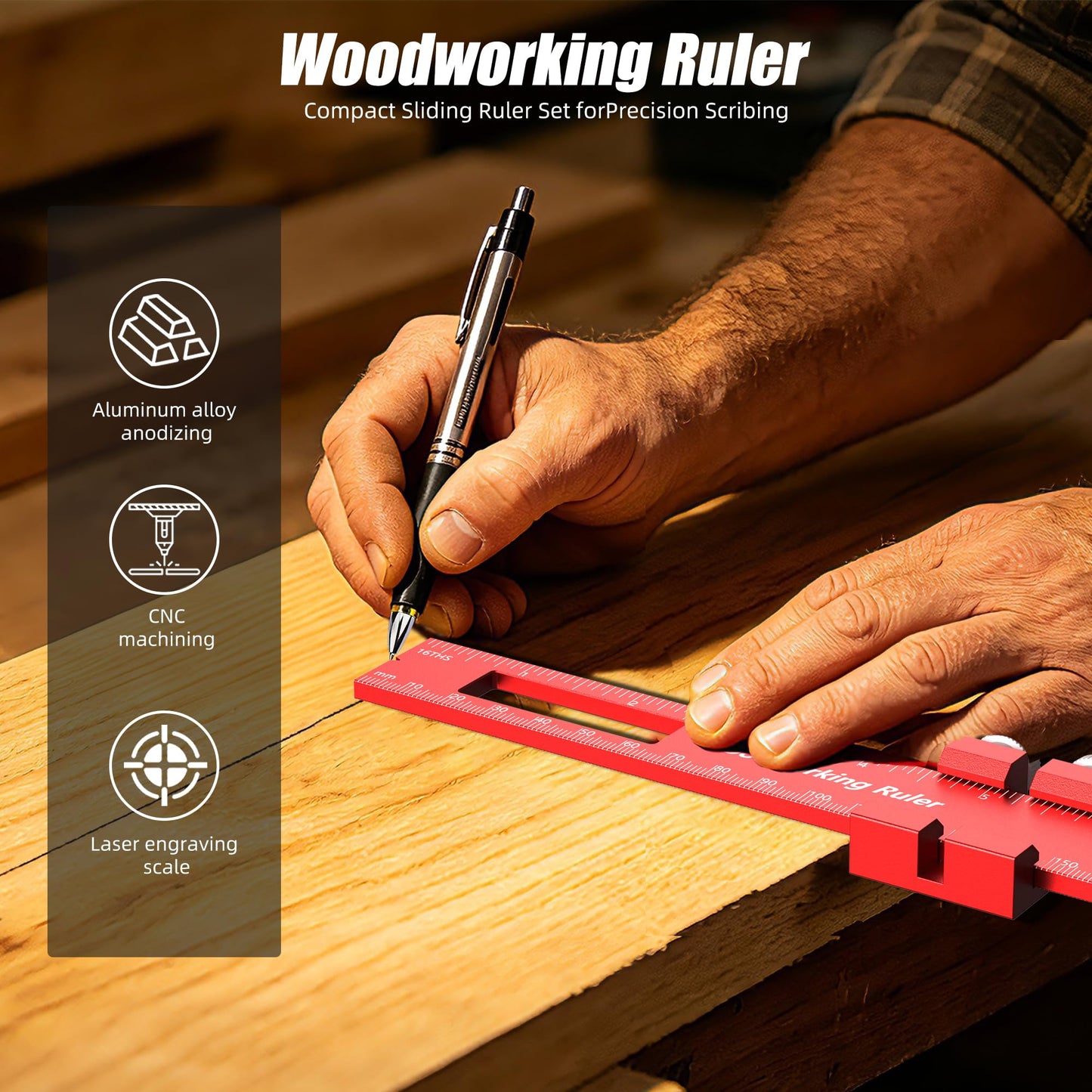 Woodworking Ruler 3 Pack (6", 8", 12"), Precision Woodworking Marking Ruler with Holes, Aluminum Alloy Carpenter Measuring Tool, Scribing Layout Guide for Woodworking DIY Carpenter Tools