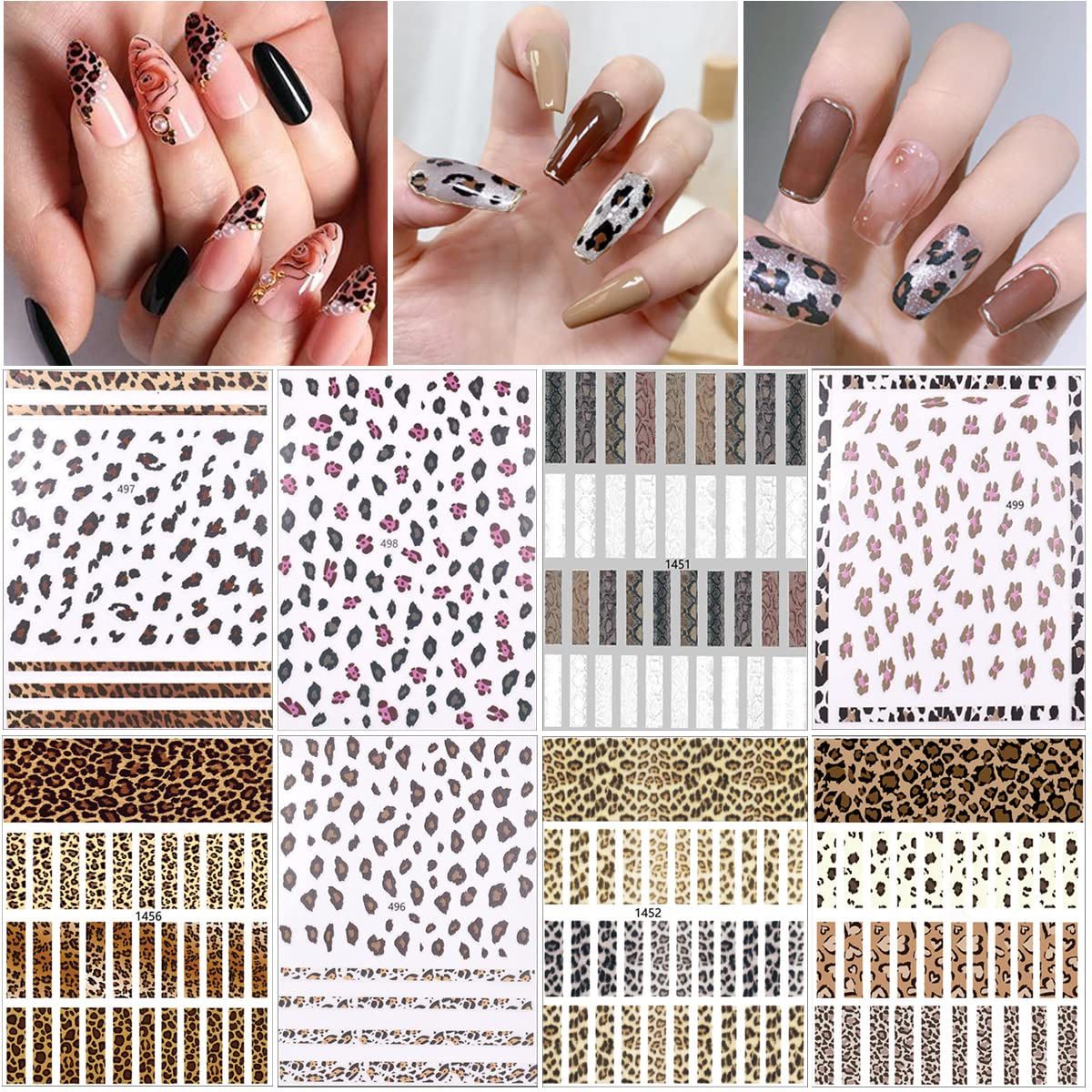 8Sheets Leopard Nail Stickers - 3D Self-Adhesive Designer Nail Decals for Leopard Print, Girls DIY Nail Art Decoration