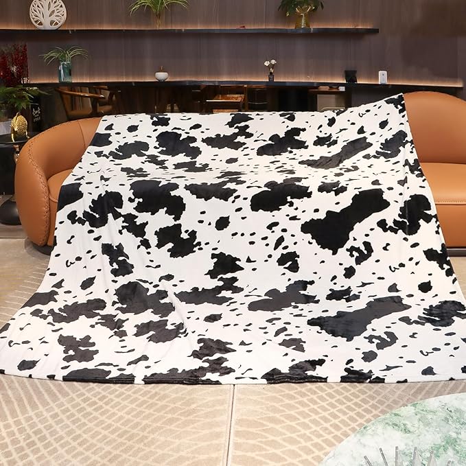 Queen Size Cow Print Fleece Blanket - Extra Large Cozy Bedding, Plush Soft Fuzzy Bed Throw for Bedroom Home Decor All Season 90"x90"