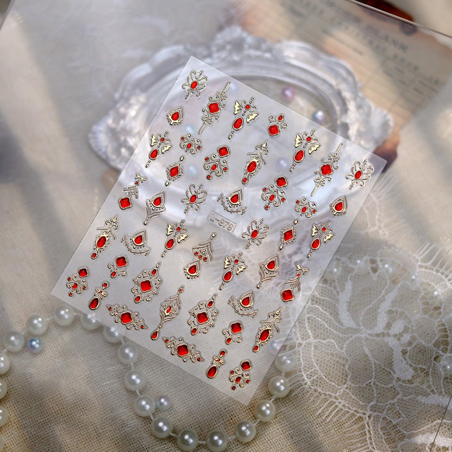 Gem Pattern Nail Art Stickers, 3D Embossed Retro Nail Decals, Self Adhesive Baroque Nails Decoration Supplies for Women Nails Design(Red Gem-6 Sheets)