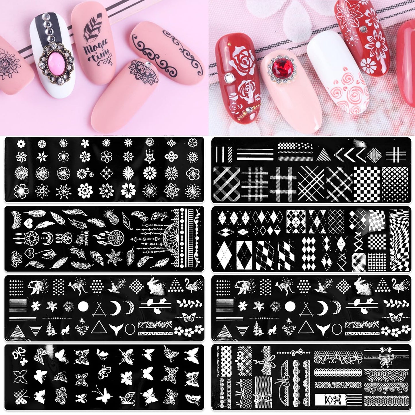 SILPECWEE 8 Pieces Nail Stamping Plate Geometry Nail Stamp Template Boho Butterfly Manicure Design Stamps Tools Stencils Nails Art Polsih Stamping Kit for Acrylic Nails