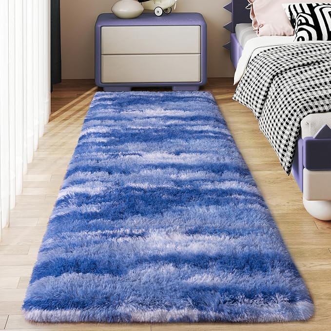 Soft Runner Rugs for Bedroom Hallways, 2x5 Abstract Blue White Fluffy Shag Throw Area Rug Non Slip for Bedside Dorm, Long Shaggy Furry Carpet for Nursery Living Room