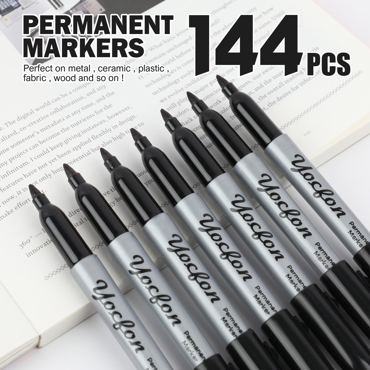 Yocfon Permanent Markers Bulk, 144 Count Black Permanent Markers Set, Fine Tip, Waterproof Markers, Works On Plastic, Wood, Stone And Metal For Doodling, Marking