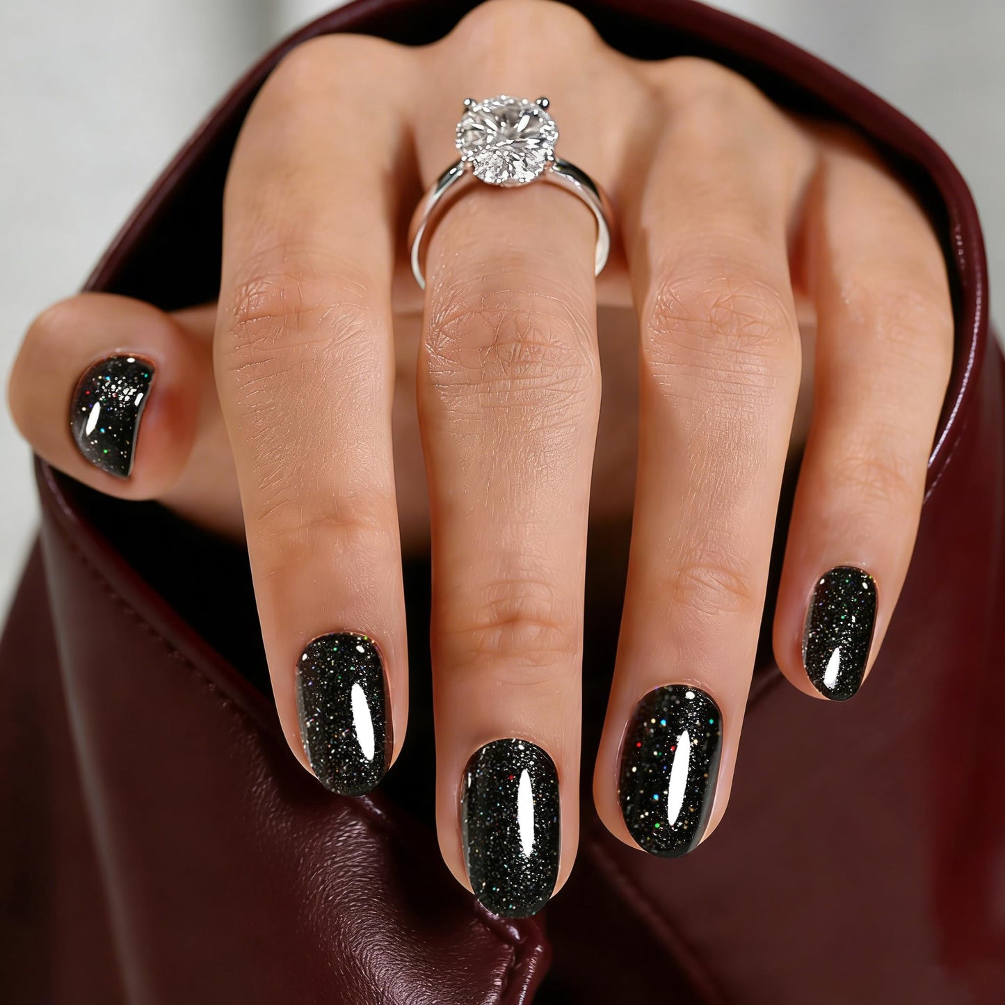 Black Press On Nails Oval Glitter -Short Press On Nails with Nail Glue, Fit Perfectly & Natural Reusable Stick On Nails in 12 Sizes - 24PCS Soft Gel Glue On Nails Kit