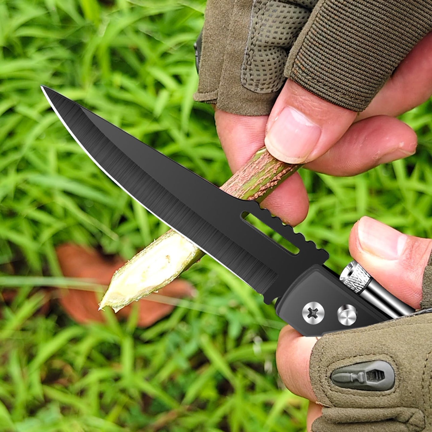 Uninuou AK47 Style Tactical Folding Pocket Knife （Black）– EDC Gift for Men with LED Light, Wood Handle & Pocket Clip, Laser Engraving Ready, Outdoor Camping Hiking Gear (1)
