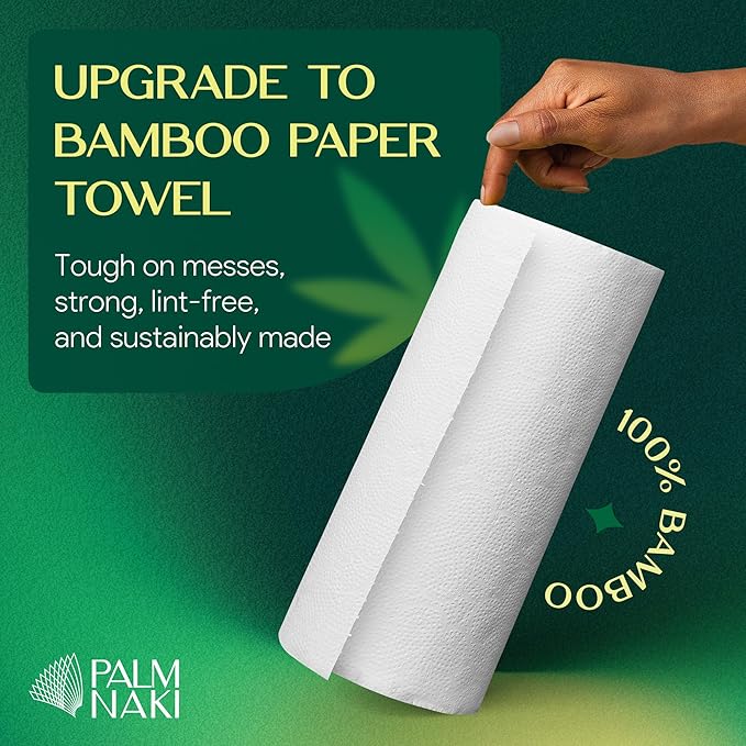 100% Bamboo Paper Towels | Lint-Free, Eco-Friendly, Tree-Free | 2-Ply Kitchen Paper Towel | Food Grade – FSC-Certified, BPA/PFAS-Free | 6 Mega Rolls – 150 Sheets/Roll | PALM NAKI