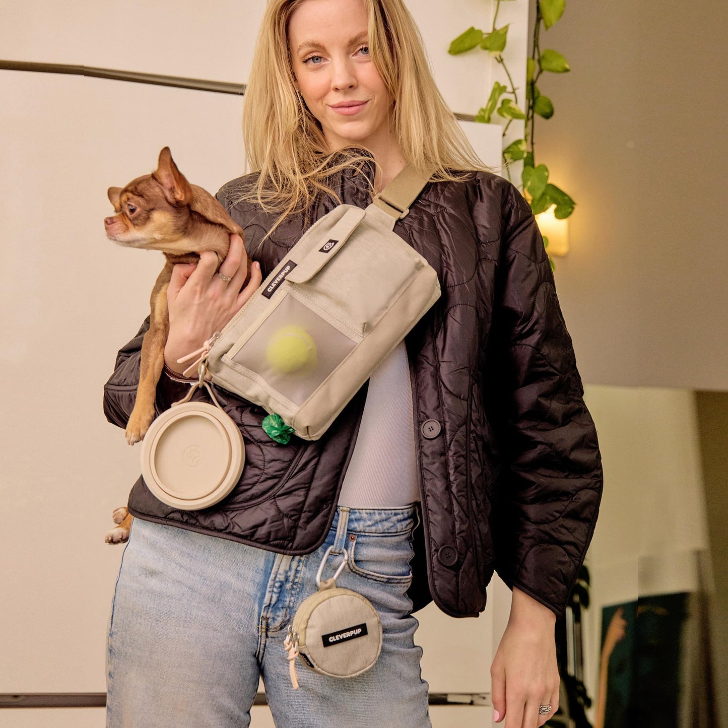 Cleverpup Dog Walk & Train Bundle - Hands Free Training Sling in Sand, Snackpack in Sand, & Small Nomad Bowl in Sand