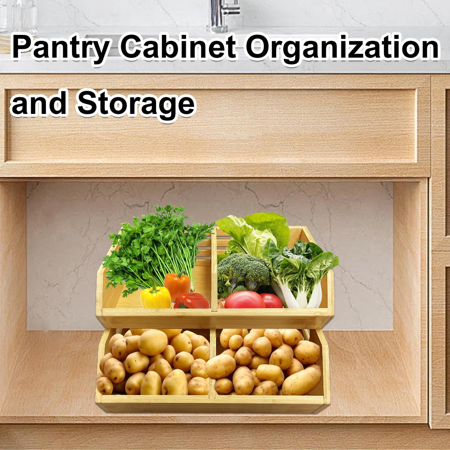 2-Pack Stackable Vegetable Storage Bins, Kitchen and Pantry Organizers and Storage Baskets, for Fruit, Vegetable, Produce, Bread, Potato Onion and Snacks, Bamboo Kitchen Storage Containers