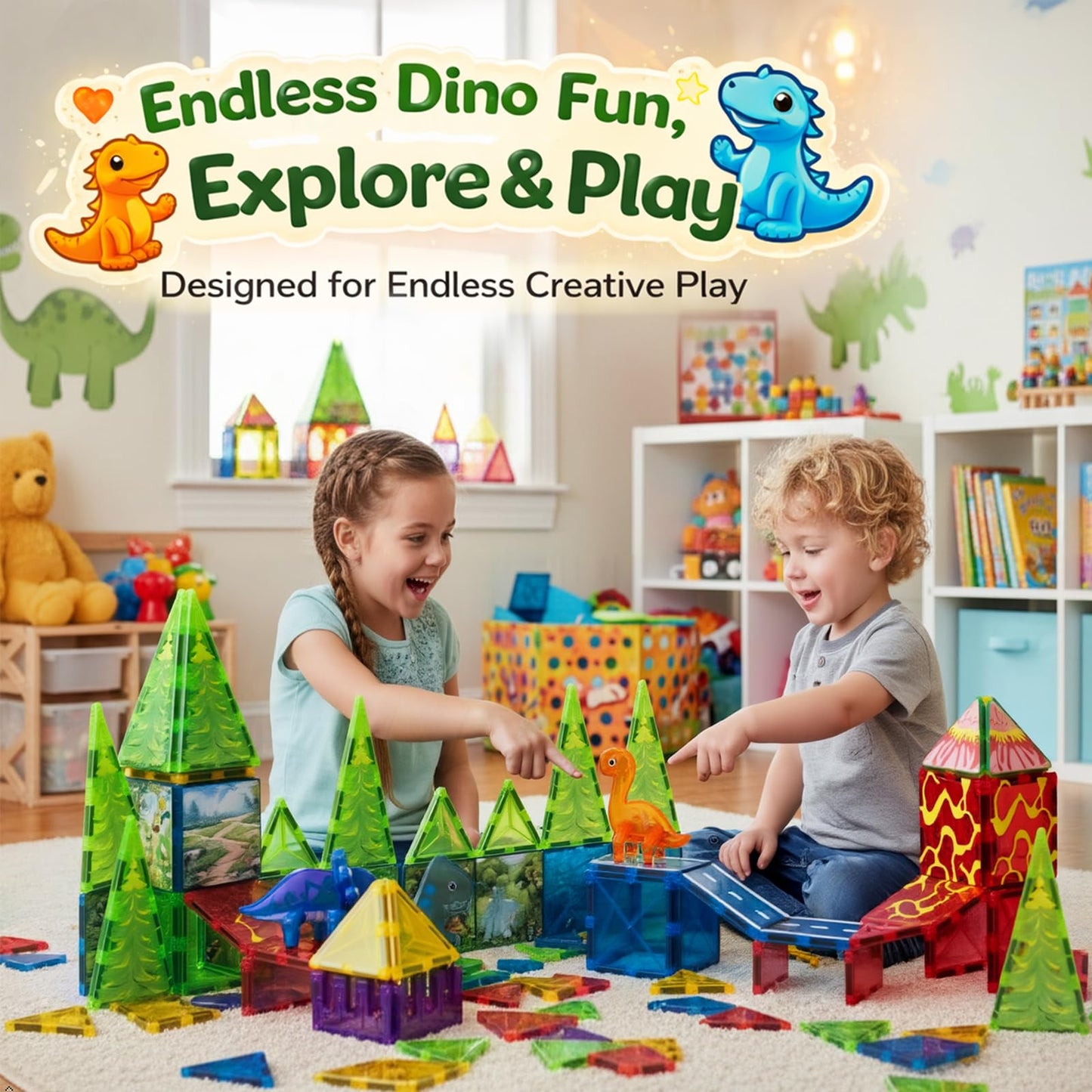 LATI Magnetic Tiles Dinosaur Building Set, Dino World Magnet Blocks with Double-Sided Egg Hatch Story, STEM Construction Toy for Kids Ages 3+, Educational Gift for Boys & Girls