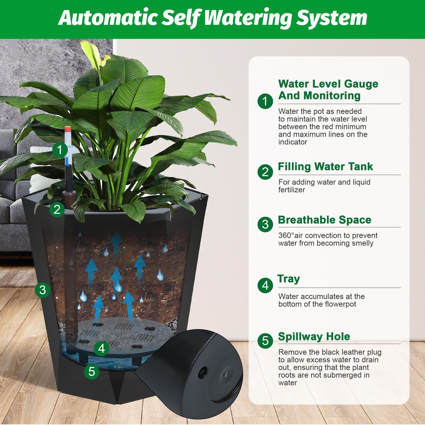 16" Black Tall Planters Outdoor Set of 2, Large Black Flower Pots Outdoor with Drainage Holes & Automatic Watering System, Modern Large Resin Planters for Outdoor Plants, Front Porch, Deck, Diamond