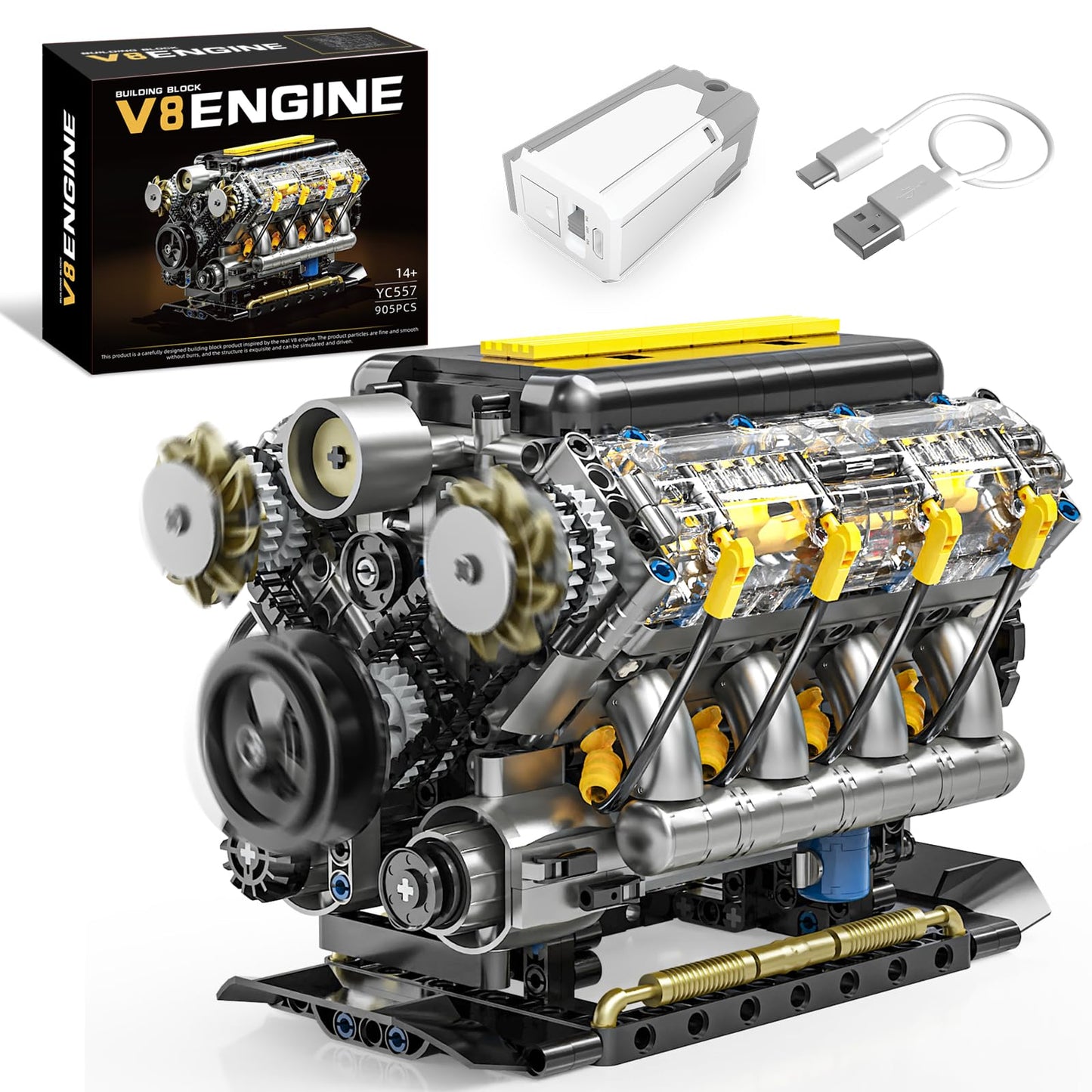 BseSparklion V8 Engine Model Kit that Runs, Visible Mini Car Motor Building Blocks Set for Adults, Compatible with Lego, STEM Physical Science Educational Toy for Teens Boys 14+ (905 PCS)