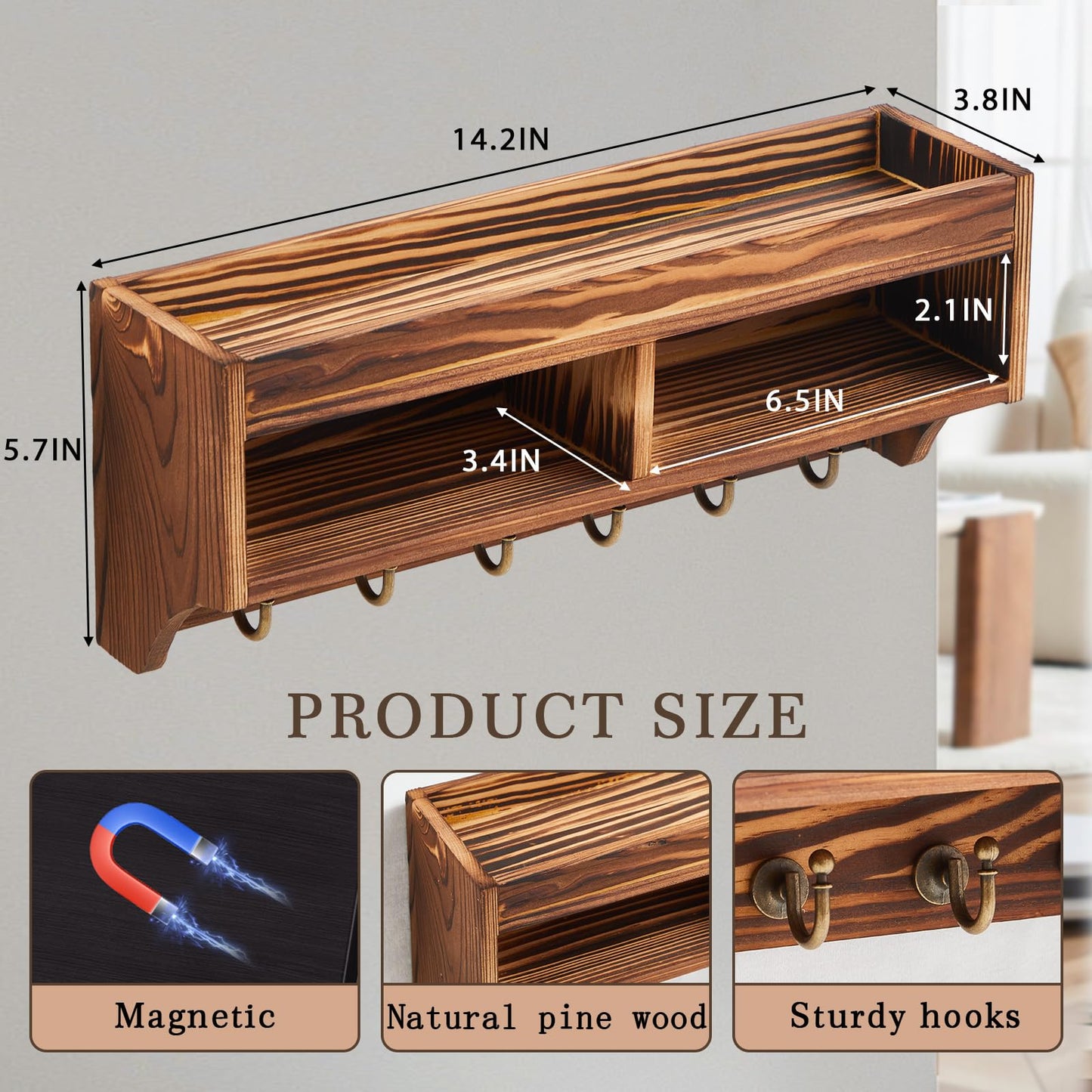Colingmill Magnetic Key Holder for Wall Fridge Wooden Mail Organizer with 6 Key Hooks and Storage Box, for Fridge Apartment Essentials Dog Leash Holder Home Decor Rack Photo Album