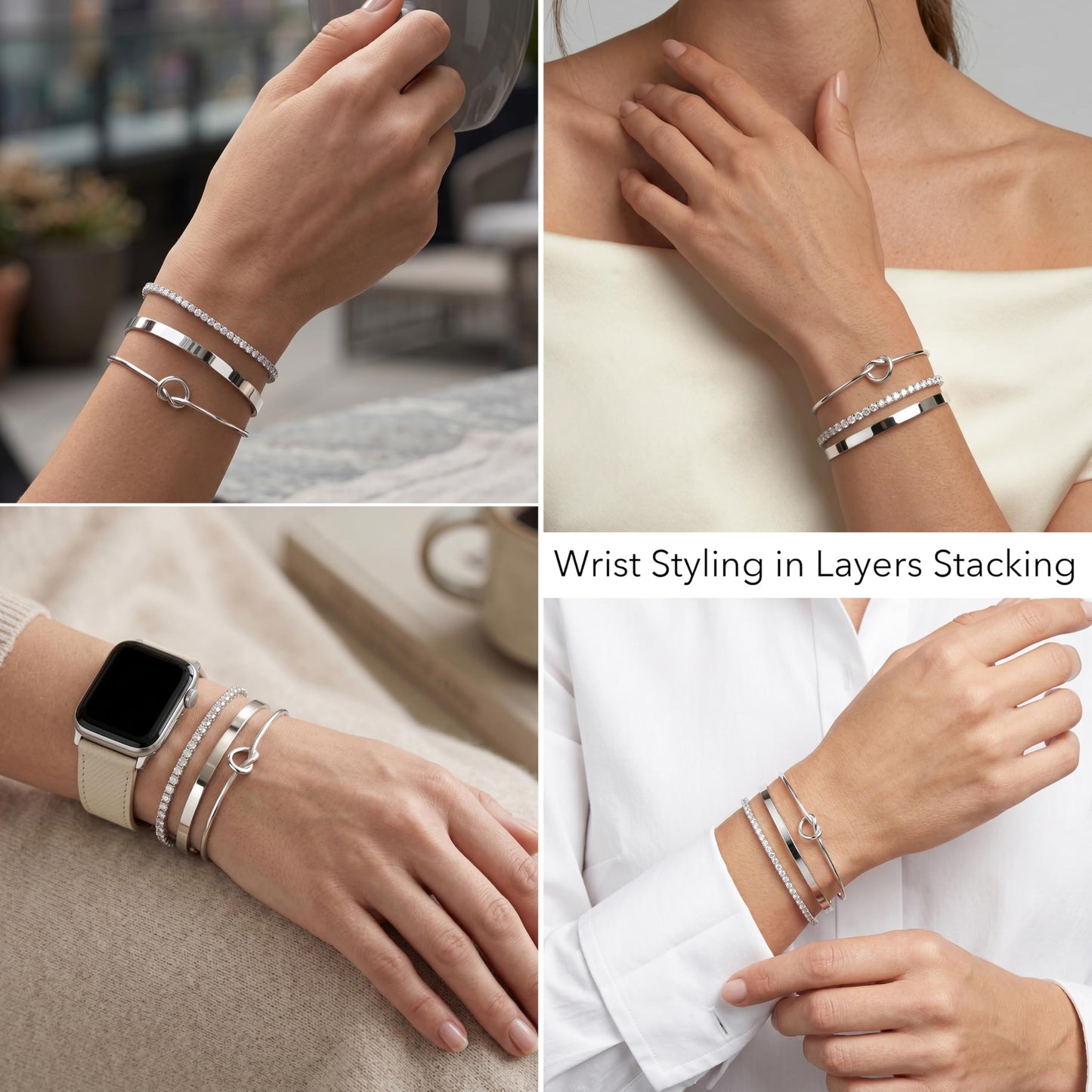 Poxtex Silver Cuff Bracelets Set for Women, 3 Pcs Stackable Open Bangles, Cubic Zirconia Tennis, Stardust Thin Polished Band, Non Tarnish Stainless Steel Jewelry Gifts