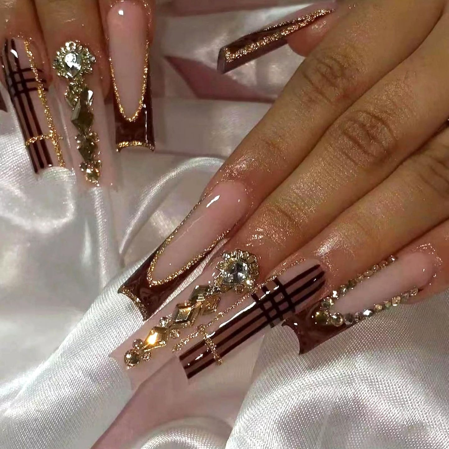 MISUD Press on Nails - Extra Long Square Glue on Nails with Fall Brown Plaid, Acrylic Rhinestone Design 24 pcs