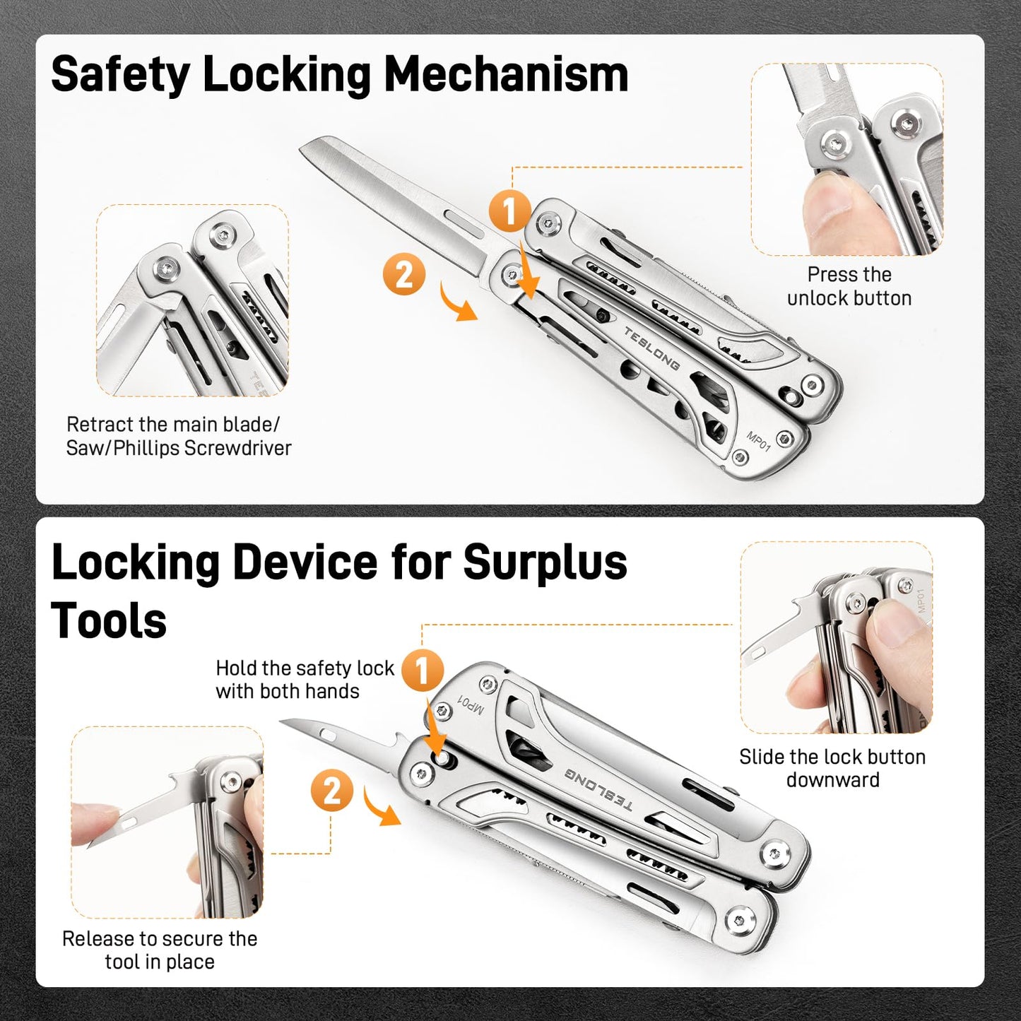 Teslong 18-in-1 EDC Multitool Pliers with Scissors, Pocket Knifes with Screwdrivers, Replaceable Wire Cutters and Saw with Self-locking, Outdoor, Survival, Camping, Stainless Steel, Gift for Men Dad