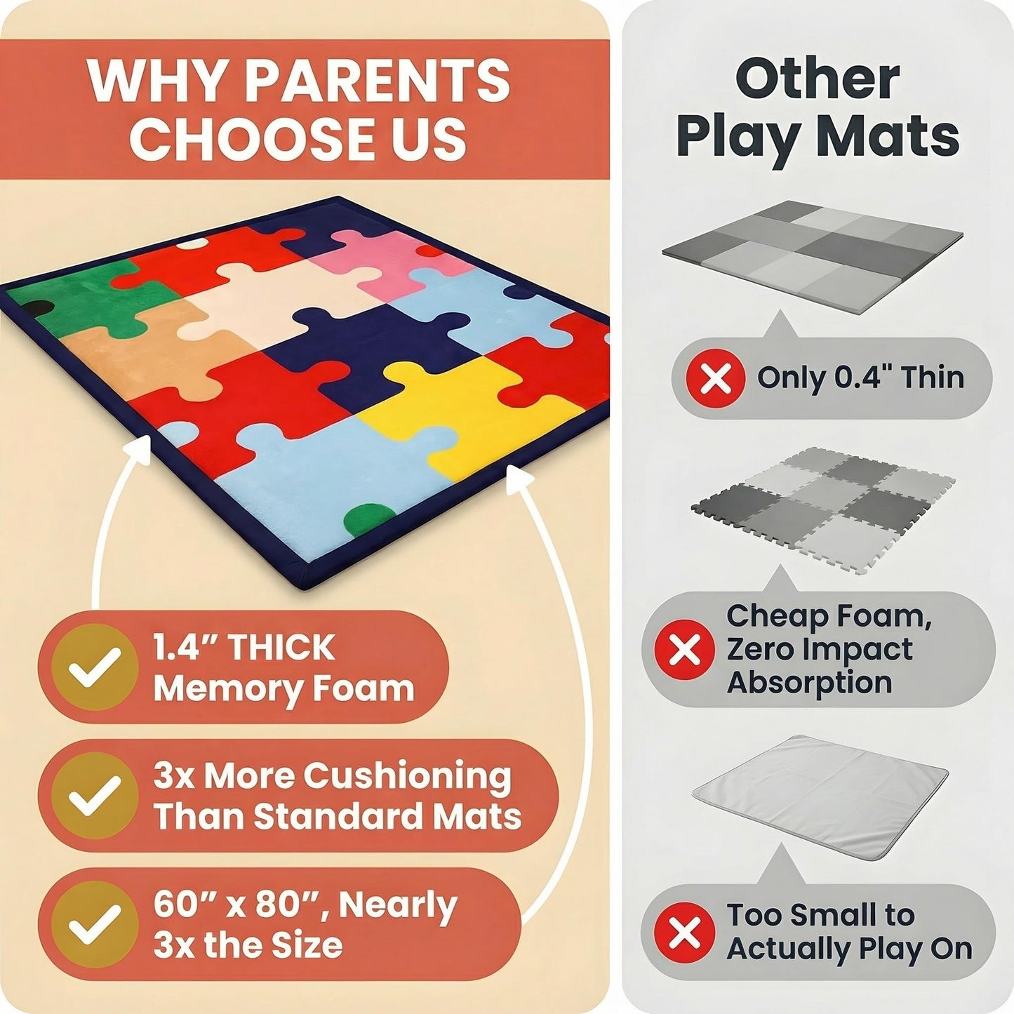 Halaluxe Baby Play Mat 60"x80" Extra Thick (1.4") | Memory Foam Crawl Mat for Infants & Toddlers | Non-Slip | Waterproof | Tummy Time | Puzzle Print Floor Rug
