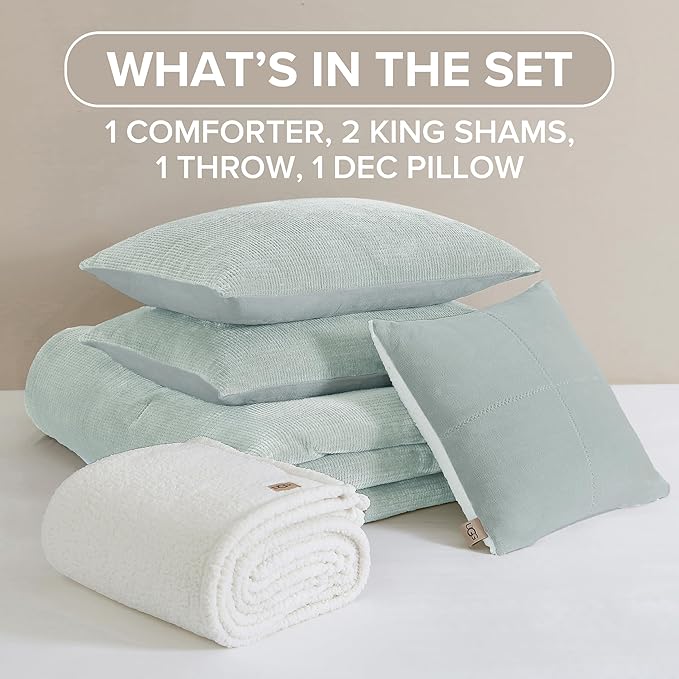 UGG Remina Comforter Set 5 Piece Bed in a Bag with Throw Blanket, Decorative Pillow, Shams, and Reversible Comforter Hypoallergenic Washable Luxury Fluffy Bedding Set, King, Blue Green Clear Creek
