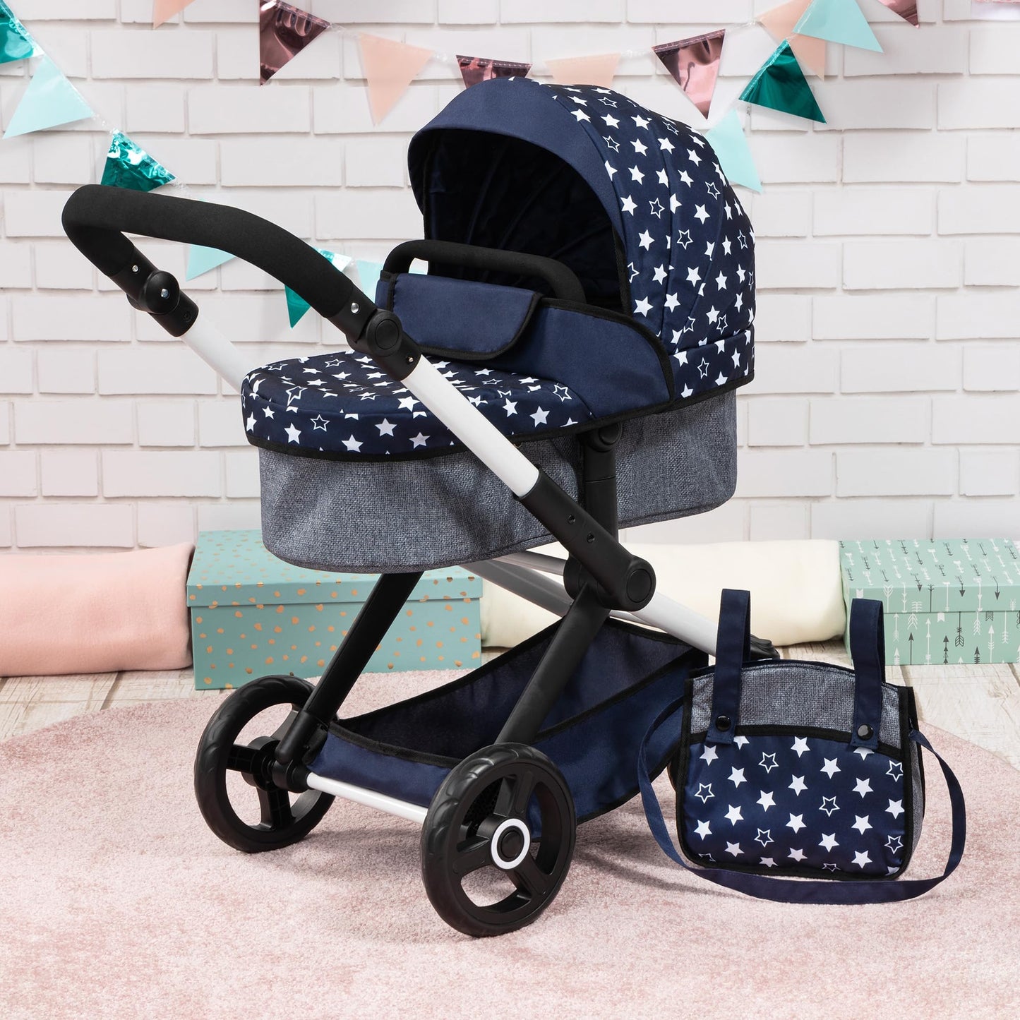 Bayer Pram Xeo Doll Stroller - Convertible 18 inch Doll Pram with Shoulder Bag