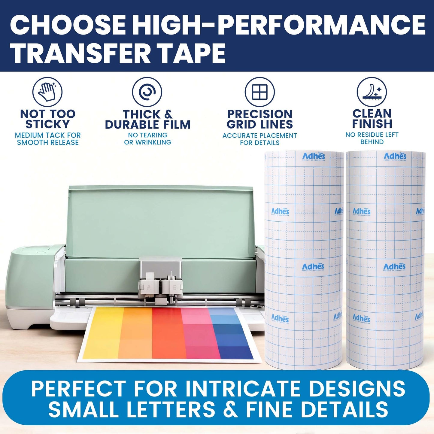 ADHES Premium Crystal Clear Transfer Tape for Vinyl with Grid, 12" x 50FT, No Stretch PET Transfer Paper Roll, Precision Application Tape for Cricut, Small Designs & Detailed Graphics
