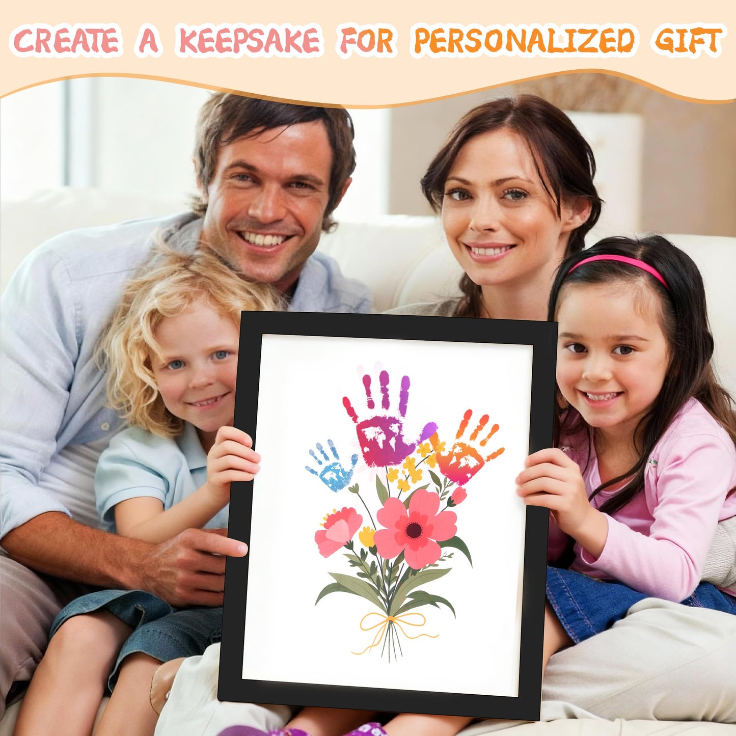 CHERRY CHEERS Flower Bouquet Handprint Art Kit, 3 Special Unique Sheets with Floral Design, DIY Keepsake Craft Gift, Meaningful Christmas or Thanksgiving Gift, 6 Colors Non-Toxic Inkpads (Black)