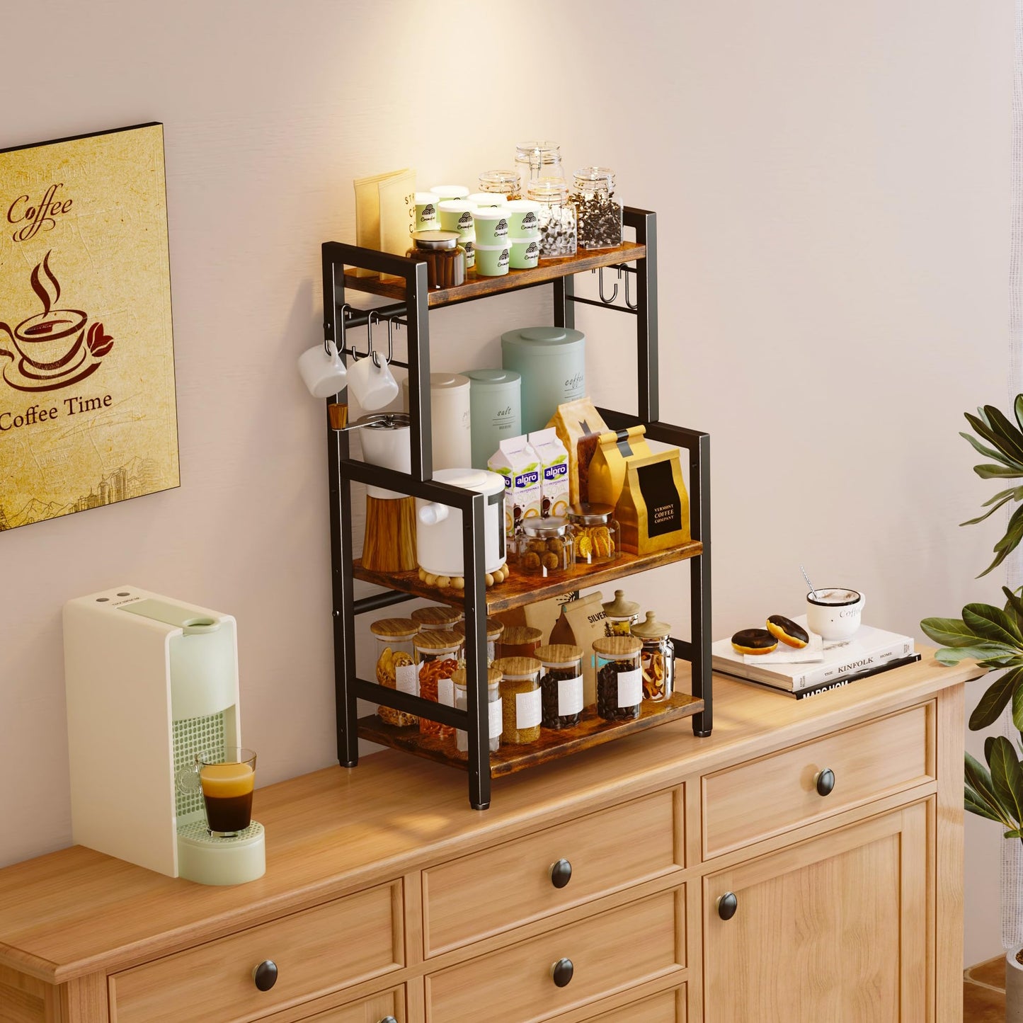 Kitchen Countertop Organizer,3 Tier Large Spice Rack Organizer with Adjustable Shelf and 5 Hooks,Wooden Counter Organizer,Space Saving Countertop Shelf Microwave Stand for Kitchen,Bathroom,Coffee Bar