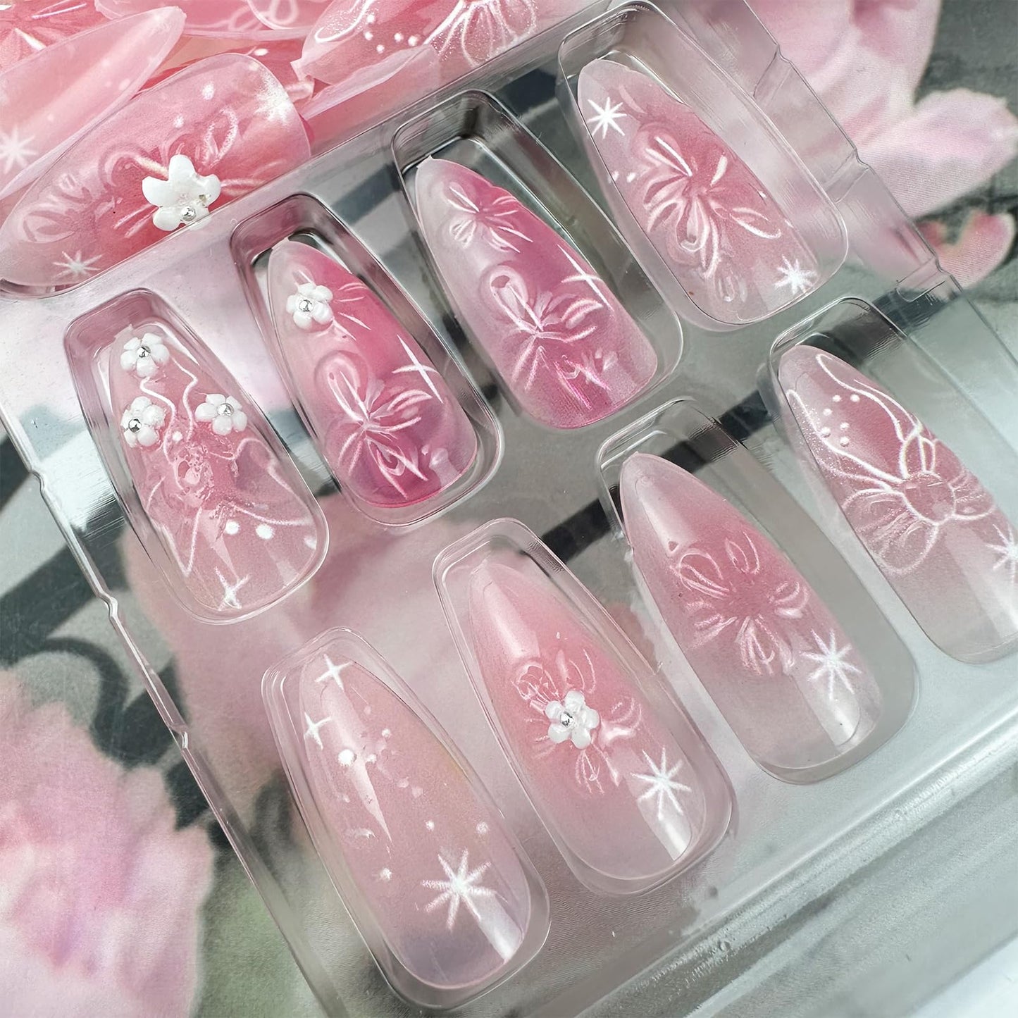 Mkwntg 24Pcs Pink Flower Press on Nails Medium Almond Fake Nails with 3D White Flower Bow Rhinestones Design Spring Summer Floral Acrylic False Nails Ombre Full Cover Stick on Nails for Women Decor