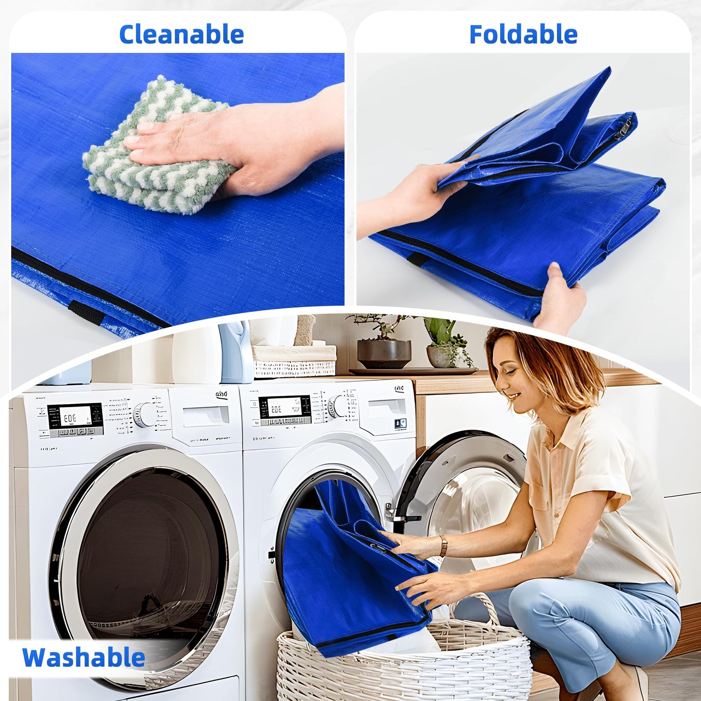Uprimeasy Large Moving Bags, 4 Pack Heavy Duty Storage Bags with Wrap Handles & Zippers, Space Saving Storage Totes with Clear Window & Tag Pocket, Alternative to Moving Boxes (Blue)