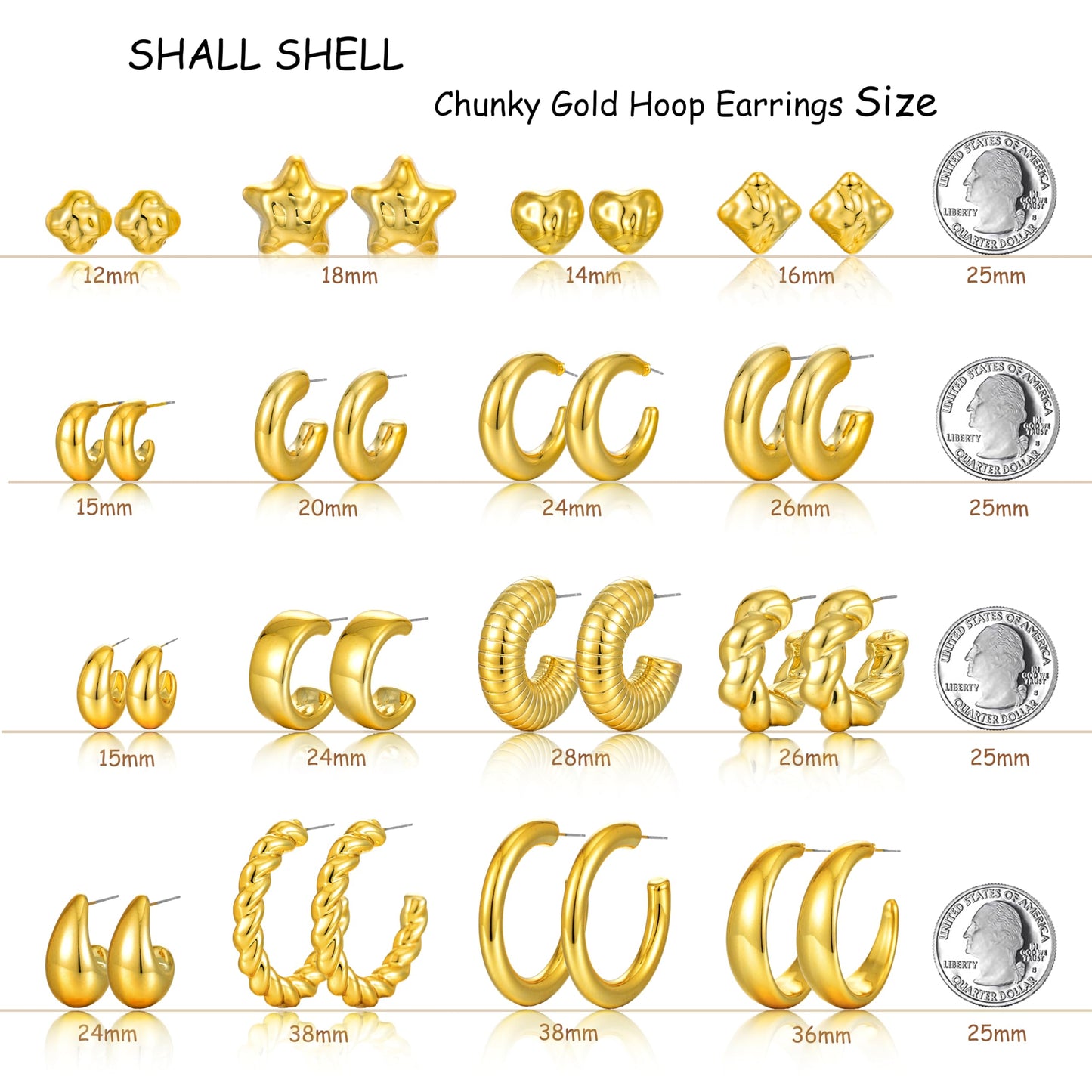 16 Pairs Starfish Chunky Gold Hoop Earrings Set for Women, Beach Shell Style Stack Statement Earrings, Hypoallergenic Lightweight Gold Plated Trendy Summer Jewelry Gift