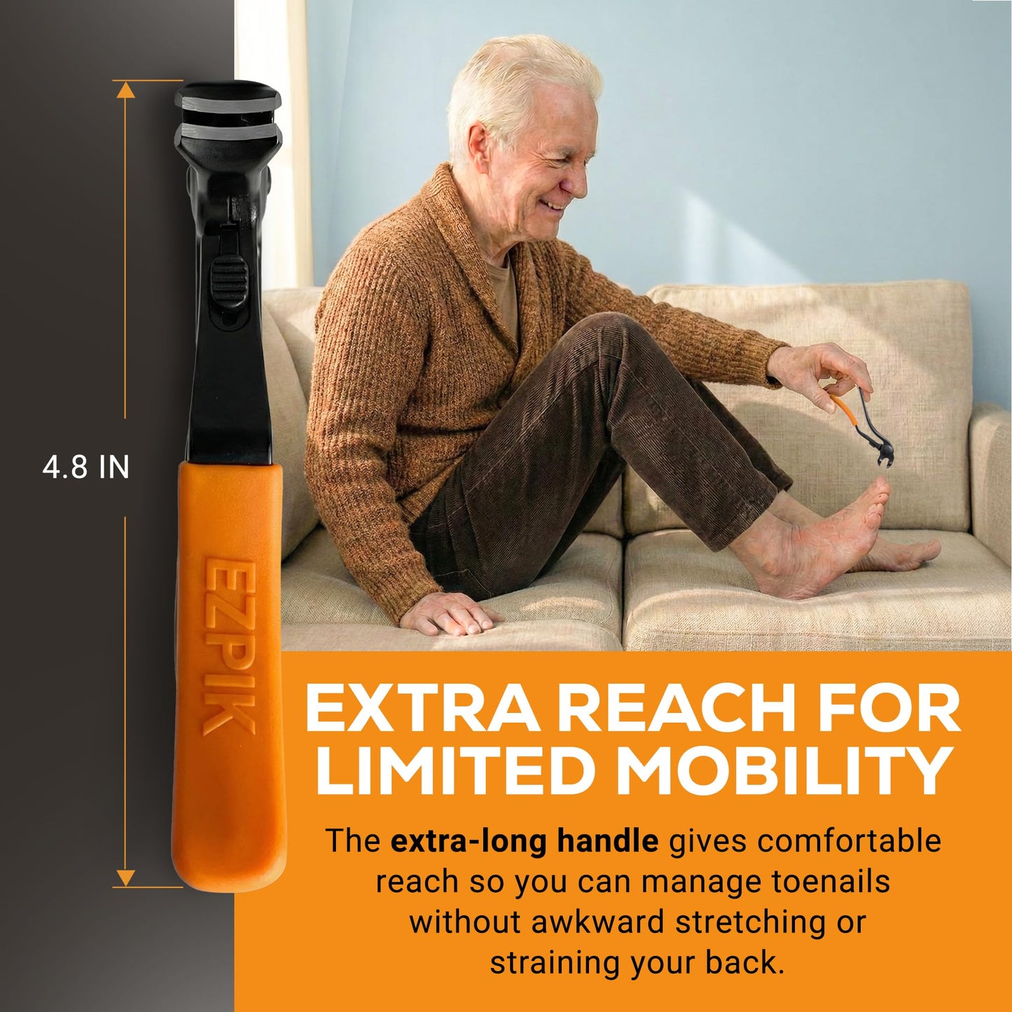 EZPIK Thick Toe Nail Clippers for Seniors with Nail File Set, Ergonomic Nail Cutter with 4.8” Long Handle, Angled Head & Stainless Steel Blades, Comfortable Toenail Clippers for Weak & Arthritic Hands