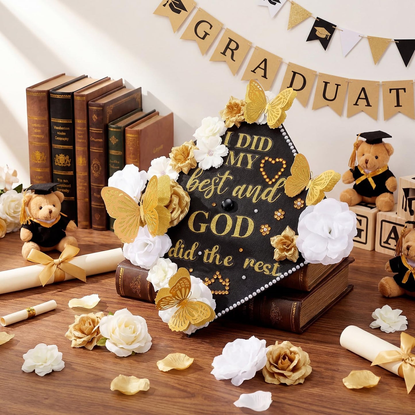 Solsew 35 Pcs DIY Graduation Cap Decorations Kit, Include Faux Flower 3D Butterfly Graduation Quote Glitter Sticker Pearl Rhinestone for Grad Hat Topper Cover Craft Gift(Creamy White,Gold,White)