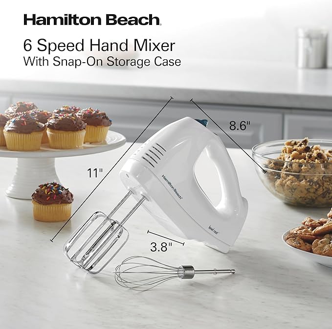 Hamilton Beach 6-Speed Electric Hand Mixer with Whisk, Traditional Beaters, Snap-On Storage Case, 250 Watts, White