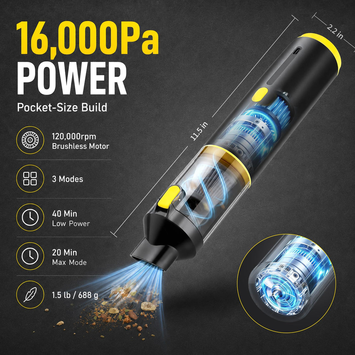Handheld Car Vacuum Portable Cordless 3 Suction Modes