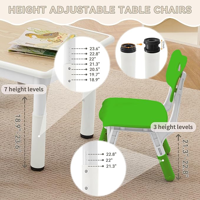 Kids Study Table and Chairs Set, Height Adjustable Toddler Table and Chair Set for Kids Ages 3-8, 31.5" L x 23.6" W Graffiti Desktop Plastic Children Art Table with 4 Seats