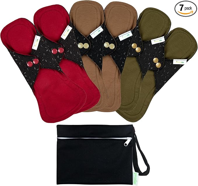 wegreeco 6 Pcs Reusable Menstrual Pads, Ultra Absorbent Cloth Pads for Heavy Flow, Sanitary for Teens, Women, Nonslip Panty Liners + Bag (Aqua, Burgundy, Coffee, M)
