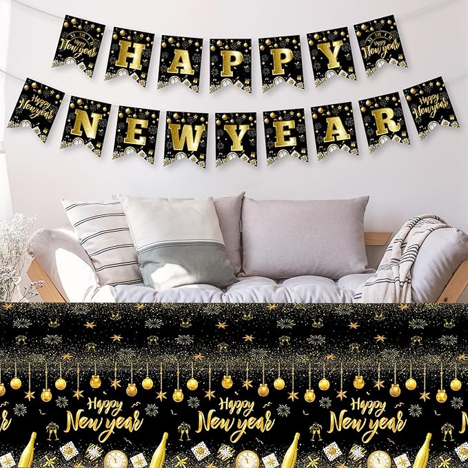 Black & Gold Happy New Year Banner Garland
