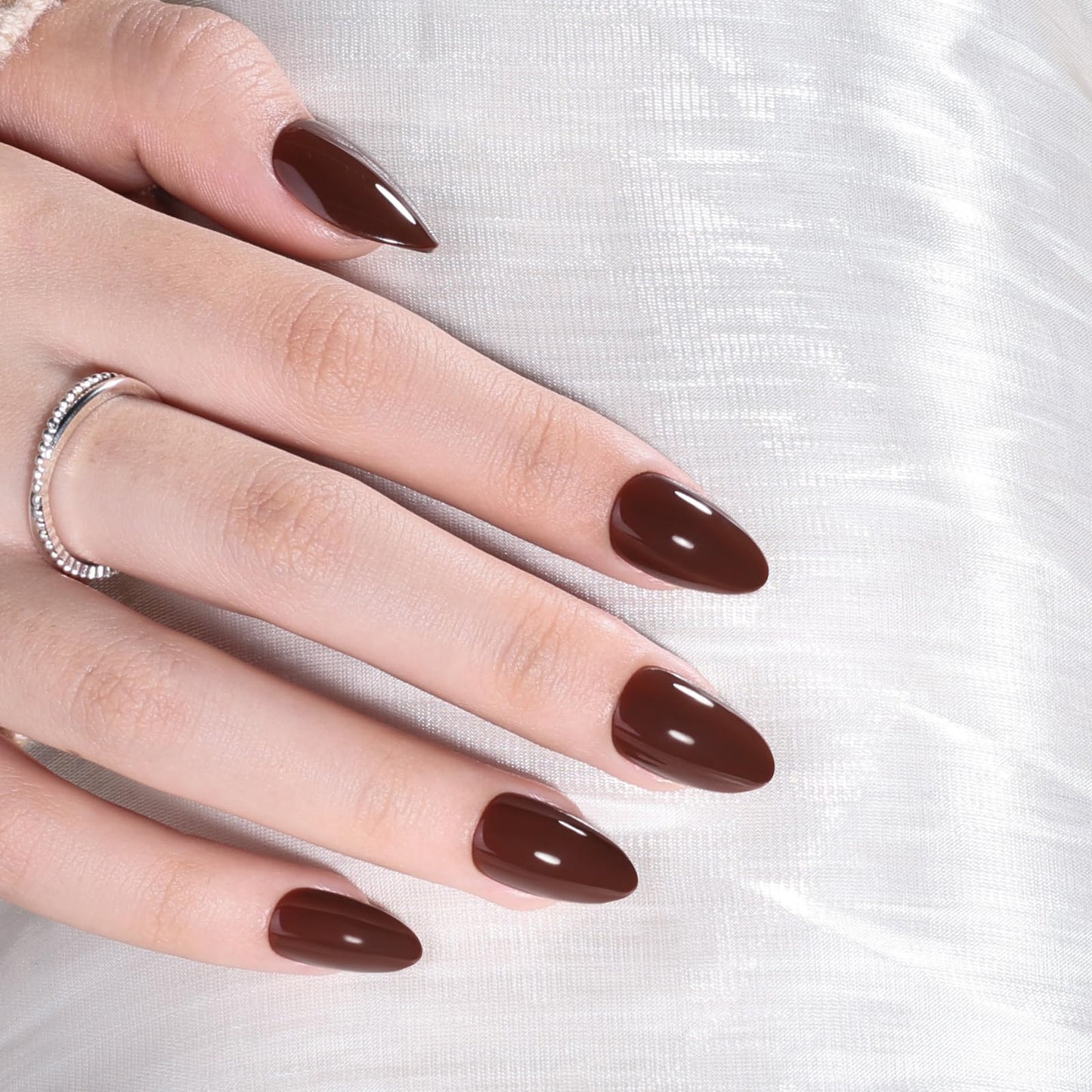 Brown Press On Nails Short Almond - Glossy Reusable Brown Nails Press ons for Women, 32 Pieces in 16 Sizes False Nails Kit with Glue