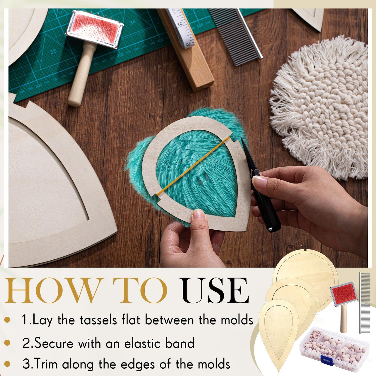 Teenyyou 167pcs Macrame Leaf Cutting Molds and Comb Sets Leaf Round Cutting Template Macrame Fringe Stainless Steel Comb Wooden Beads Rubber Band for DIY Crafts Making Feather Tassel
