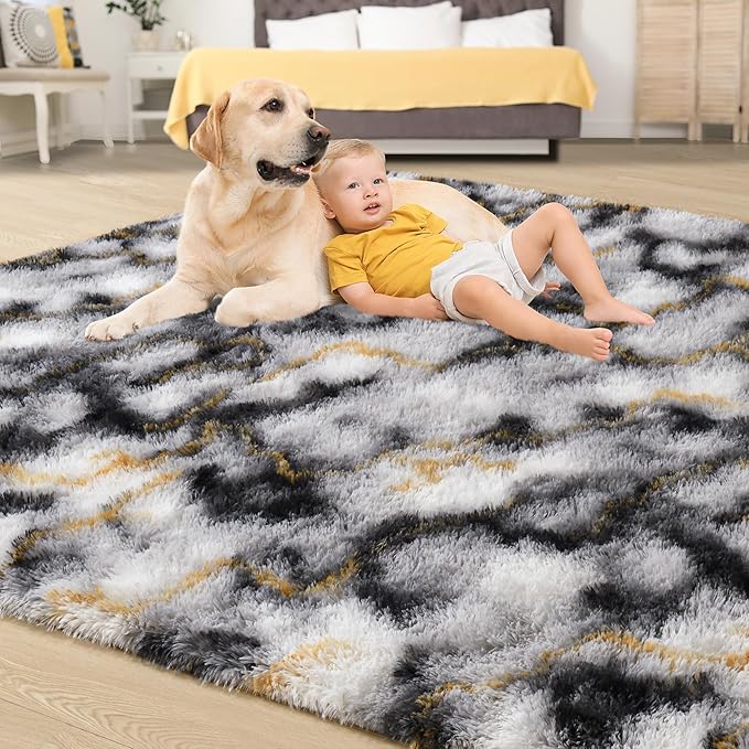 Tepook Soft Fluffy Rugs for Bedroom, 4x6 Area Rug for Living Room, Modern Shaggy Room Rug for Kids Boys Girls, Plush Throw Rugs Indoor Nursery Home Decor Rug with Non-Slip Bottom, White Black Gold