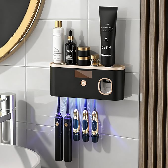Toothbrush Holders for Bathrooms, Toothbrush Holder Wall Mounted with Toothpaste Dispenser Bathroom Solar Charging and No Drilling Required Tooth Brush Holder with 5 Brush Slots