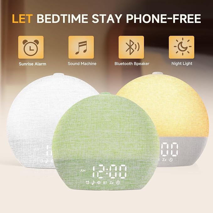 Geuuap Sunrise Alarm Clock White Noise Machine with Bluetooth Speaker,Green | 30 Soothing Sounds, 17 Dimmable lights, Simulated Sunrise, Backup Battery Memory, Auto-off Sleep Timer, Screen-Free Design